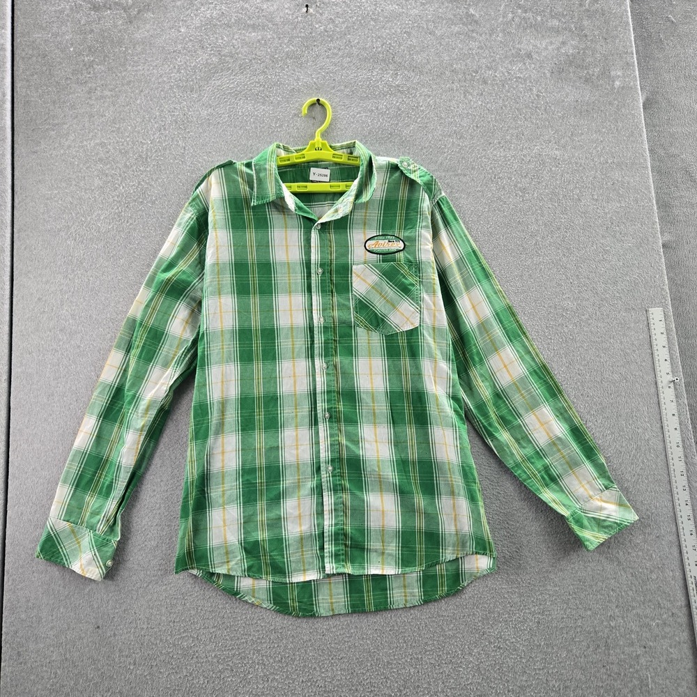 Avirex Men Button Up Shirt XL Green‎ Plaid Embroidered Patch Long Sleeve Work